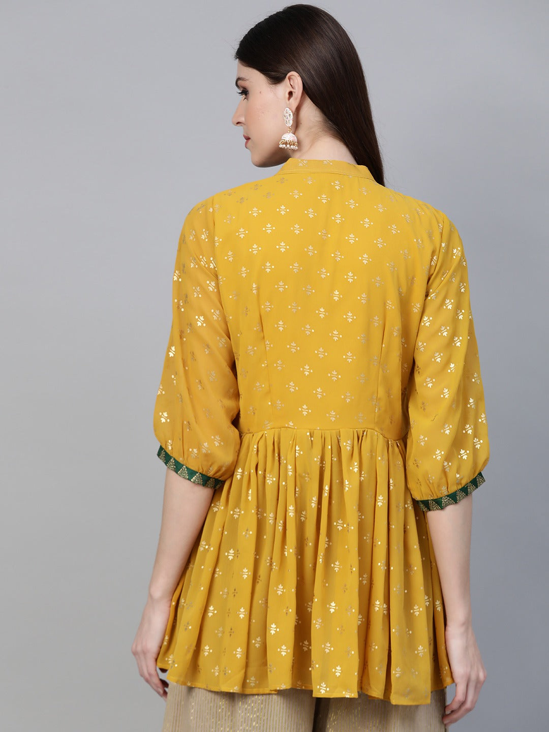 Women's Mustard Georgette Glitter Print Western Tuni