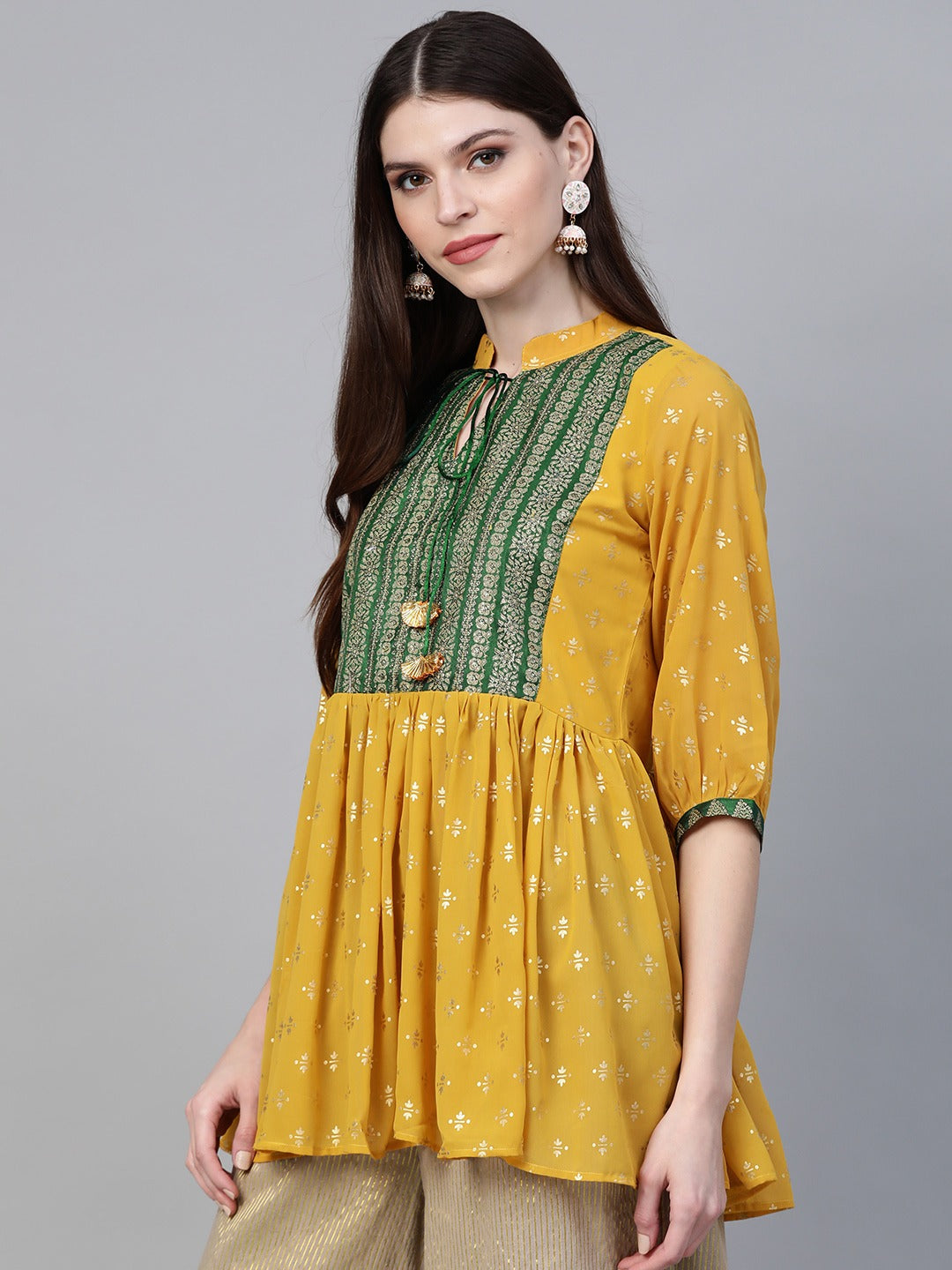 Women's Mustard Georgette Glitter Print Western Tuni