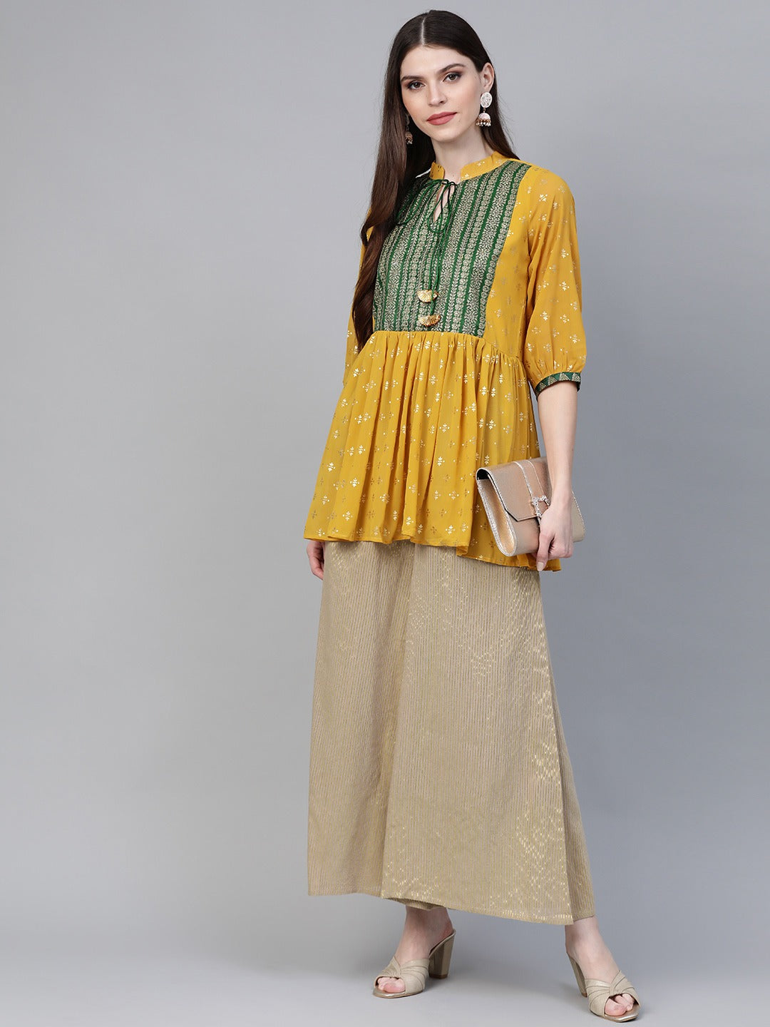 Women's Mustard Georgette Glitter Print Western Tuni