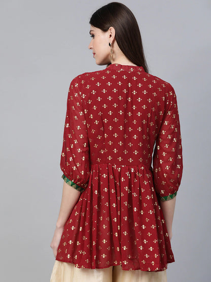 Women's Maroon Georgette Glitter Print Western Tuni