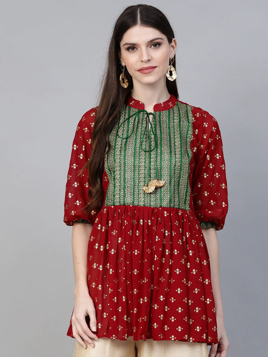 Women's Maroon Georgette Glitter Print Western Tuni