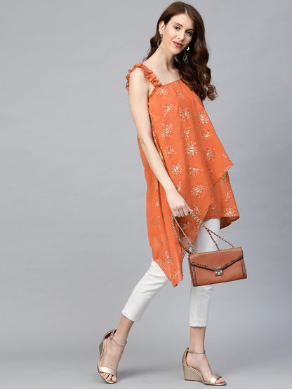 Women's Rust Orange & Golden Printed One Sleeve Asymmetric Layered Tuni
