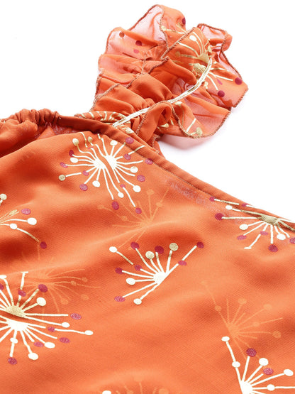 Women's Rust Orange & Golden Printed One Sleeve Asymmetric Layered Tuni