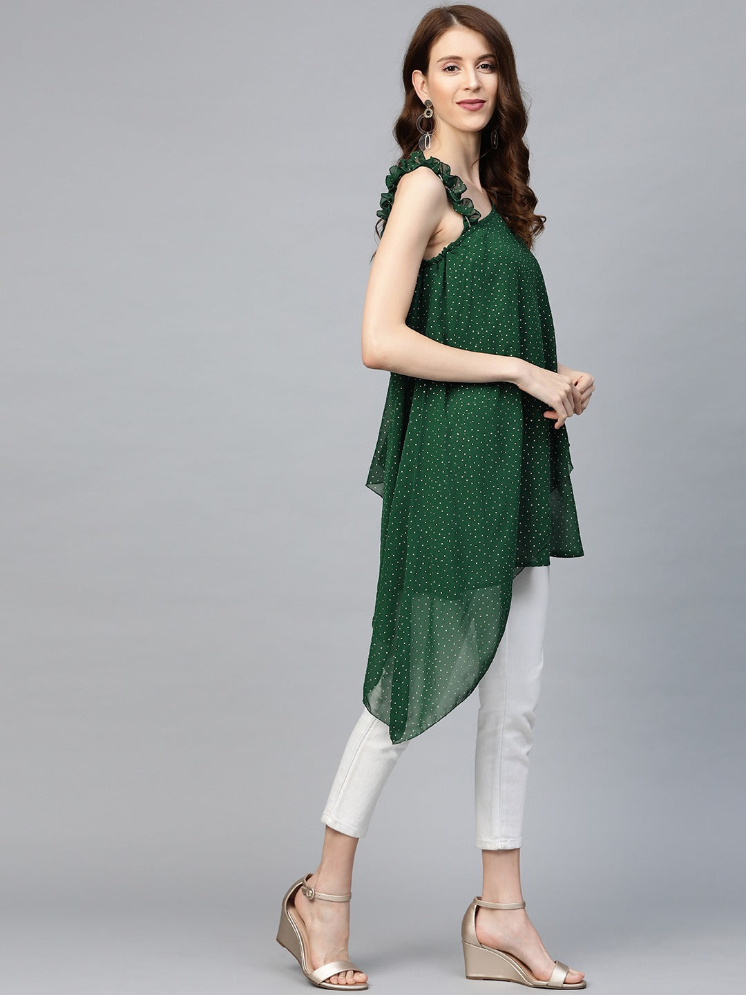 Women's Green & Golden Printed One Sleeve Asymmetric Layered Tuni