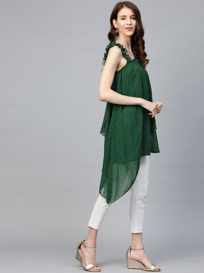 Women's Green & Golden Printed One Sleeve Asymmetric Layered Tuni