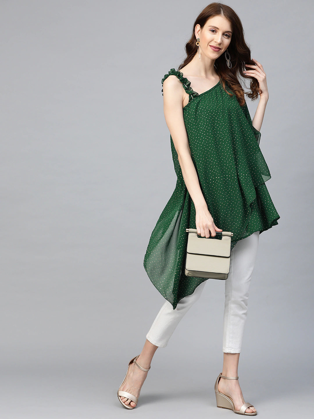 Women's Green & Golden Printed One Sleeve Asymmetric Layered Tuni