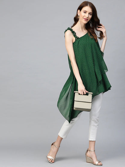 Women's Green & Golden Printed One Sleeve Asymmetric Layered Tuni