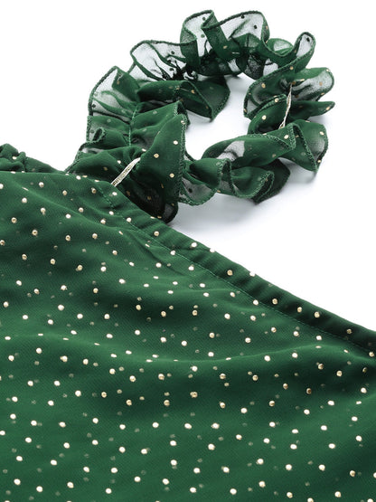 Women's Green & Golden Printed One Sleeve Asymmetric Layered Tuni
