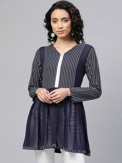 Women's Navy Blue Georgette Khari Print Tuni