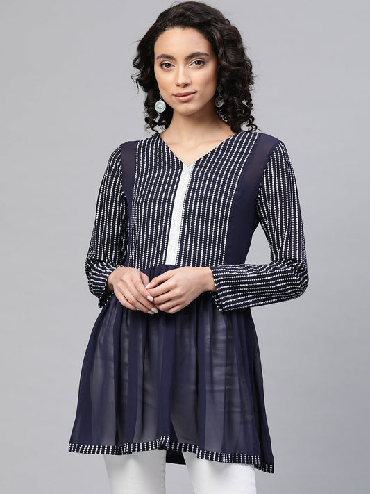 Women's Navy Blue Georgette Khari Print Tuni