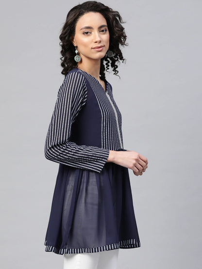 Women's Navy Blue Georgette Khari Print Tuni