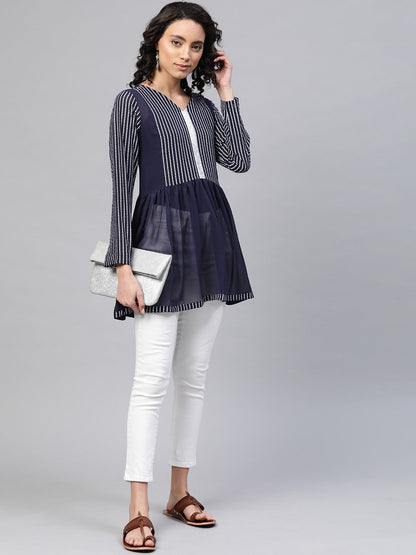 Women's Navy Blue Georgette Khari Print Tuni