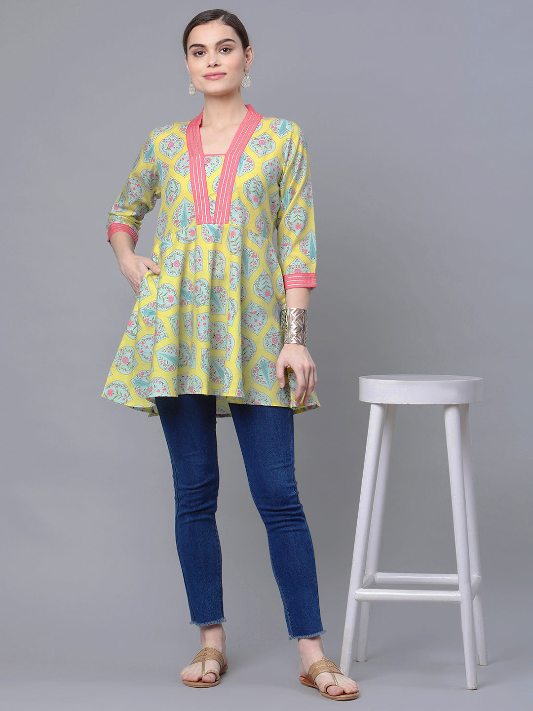Women's Yellow  Printed Tunic By  Ah