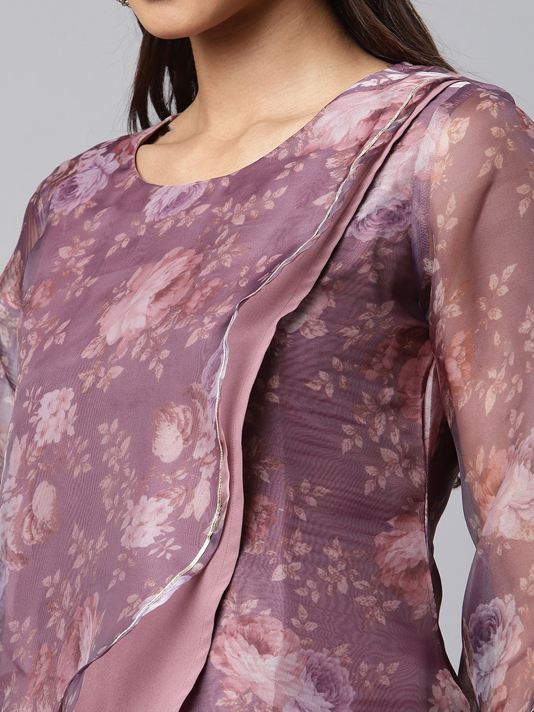 Women's Mauve Organza Digital Printed Tunic