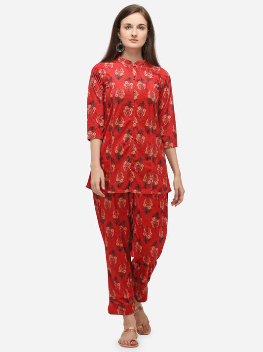 Women's Digital Print Red Velvet Kurta With Pan