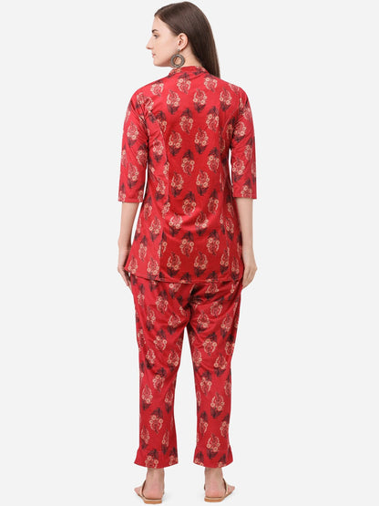 Women's Digital Print Red Velvet Kurta With Pan
