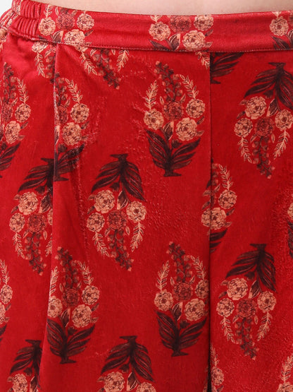 Women's Digital Print Red Velvet Kurta With Pan