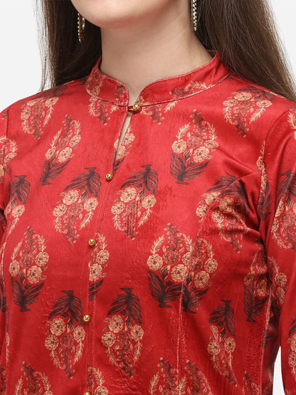 Women's Digital Print Red Velvet Kurta With Pan