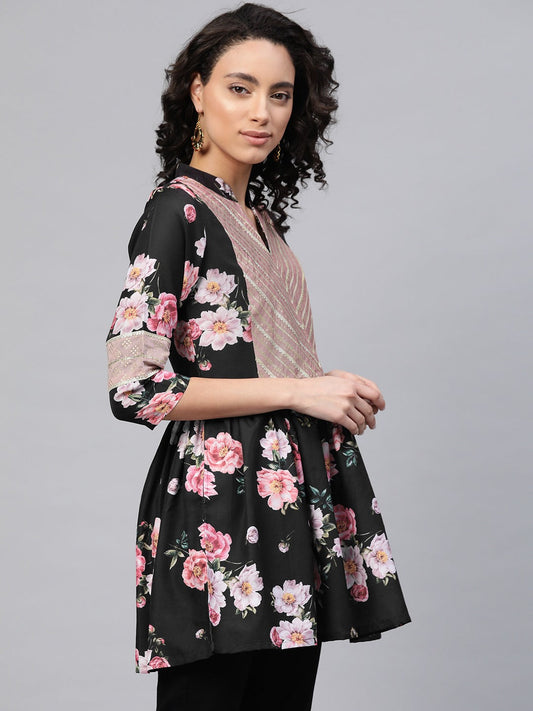 Women's Black Rayon Floral Print Tuni