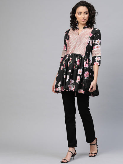 Women's Black Rayon Floral Print Tuni