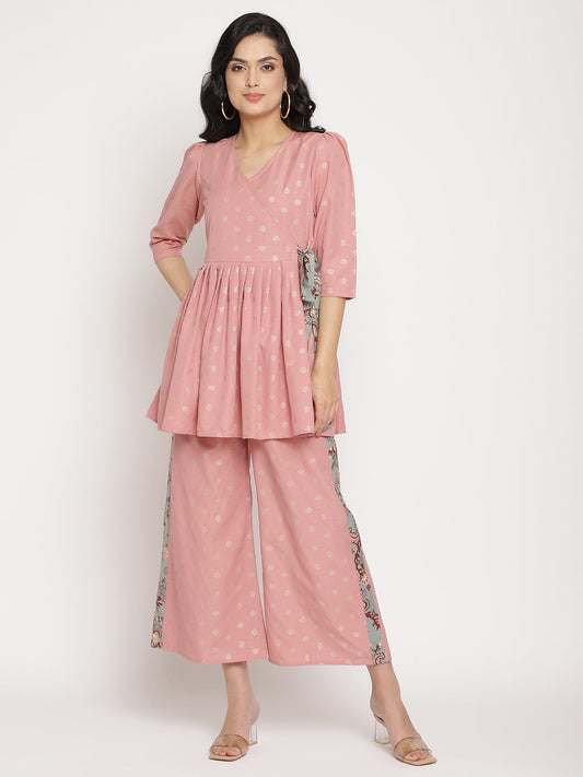 Women's Pink Ethnic Motifs Printed Angrakha Kurti With Palazzo