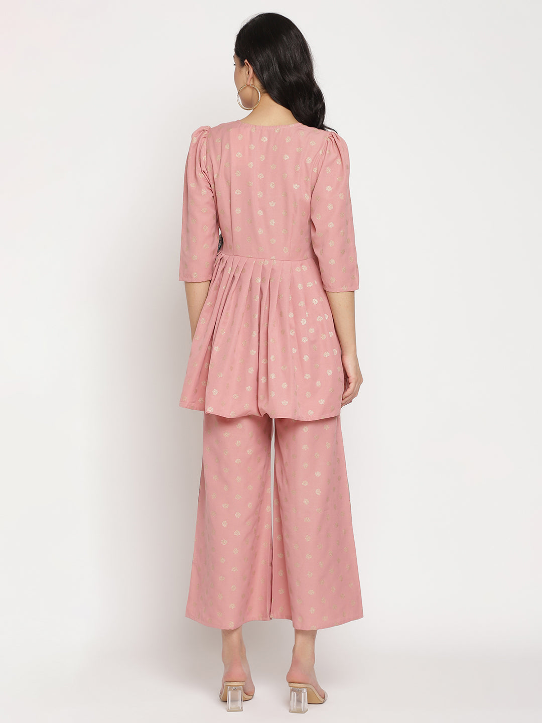 Women's Pink Ethnic Motifs Printed Angrakha Kurti With Palazzo