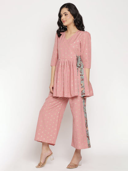 Women's Pink Ethnic Motifs Printed Angrakha Kurti With Palazzo