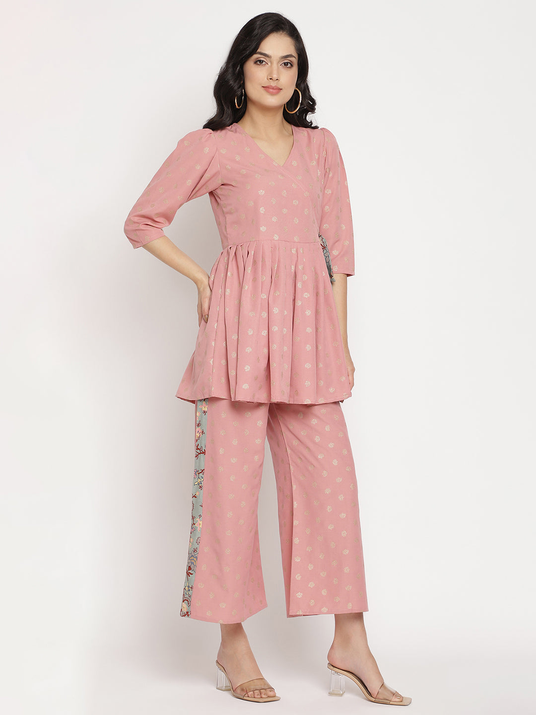 Women's Pink Ethnic Motifs Printed Angrakha Kurti With Palazzo