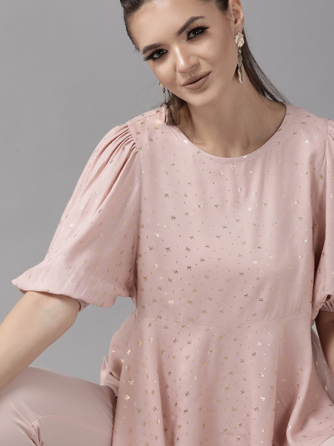 Women's Pink Rayon Gold Foil Print Tuni