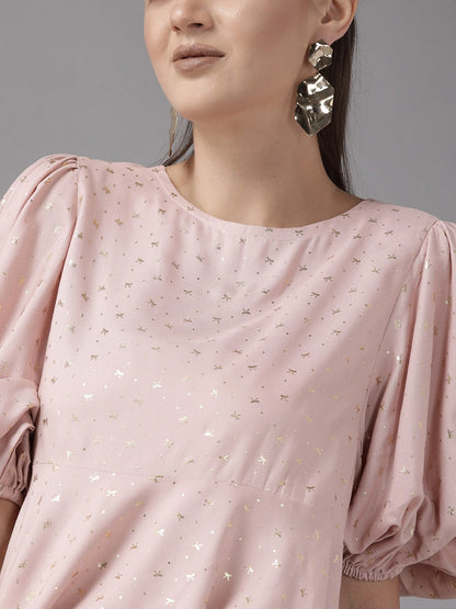 Women's Pink Rayon Gold Foil Print Tuni