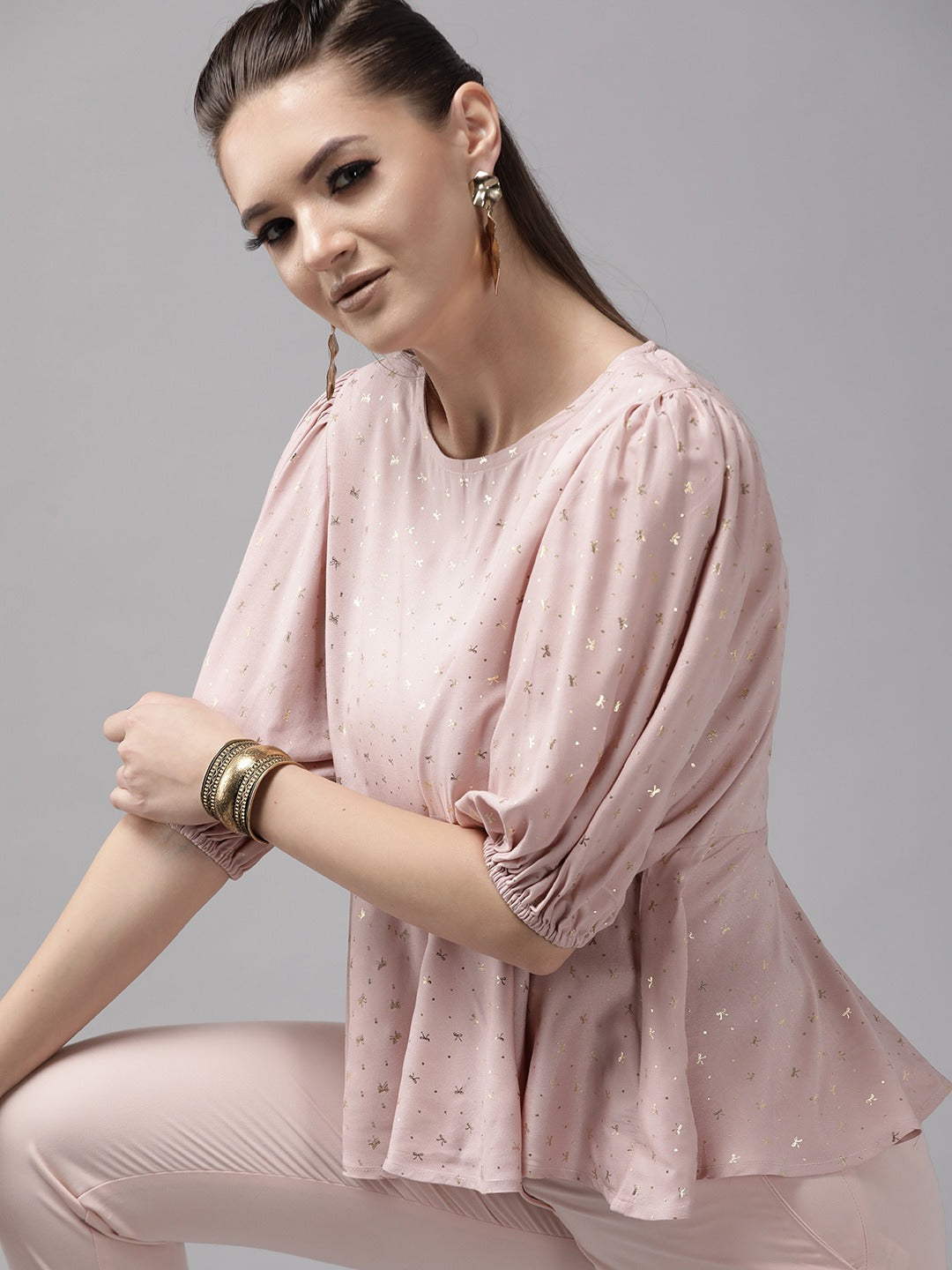 Women's Pink Rayon Gold Foil Print Tuni