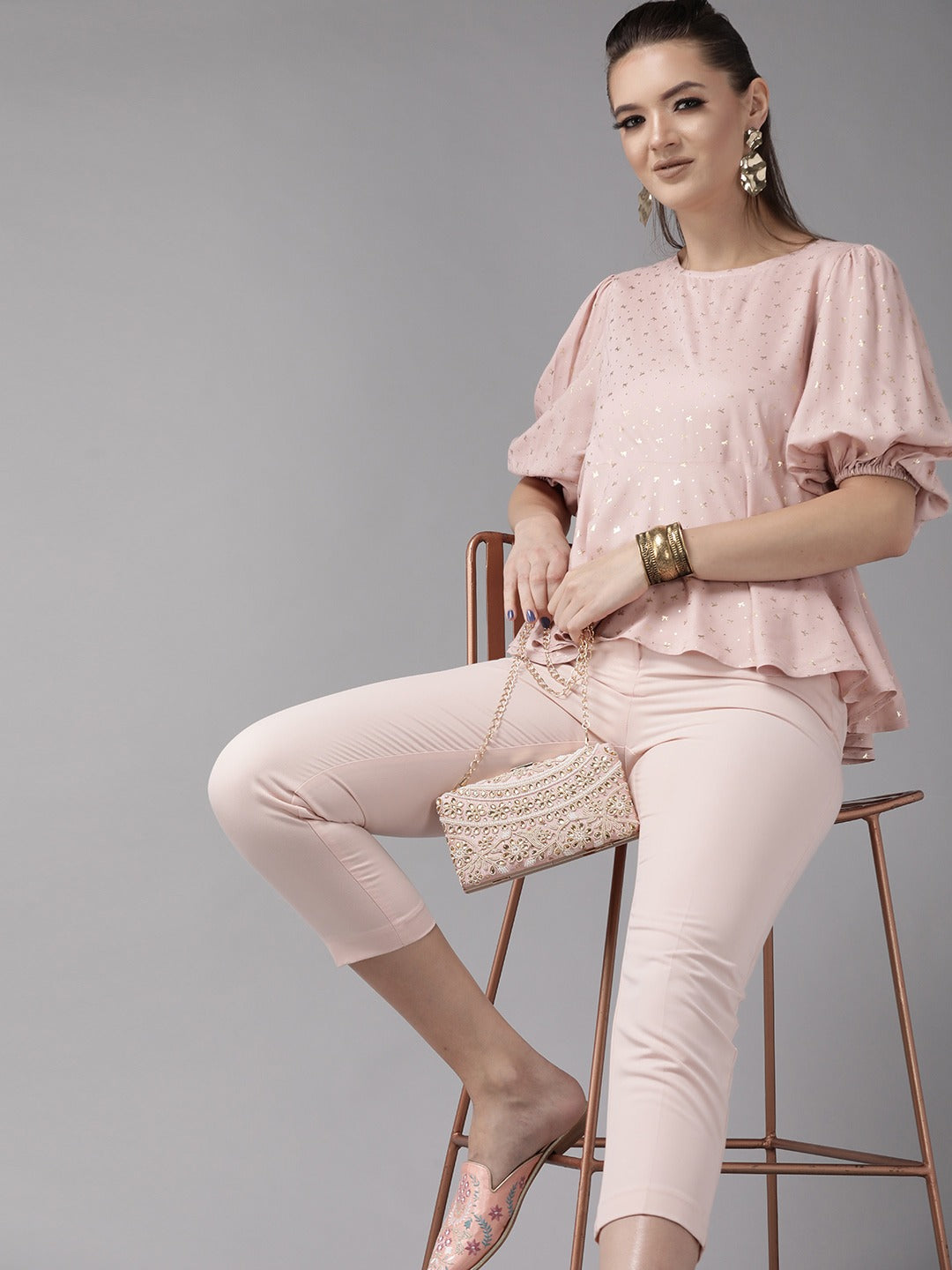 Women's Pink Rayon Gold Foil Print Tuni