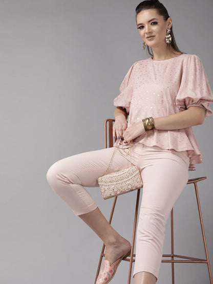 Women's Pink Rayon Gold Foil Print Tuni