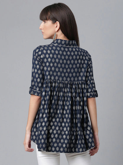 Women's Navy Blue Rayon Silver Foil Printed Tuni
