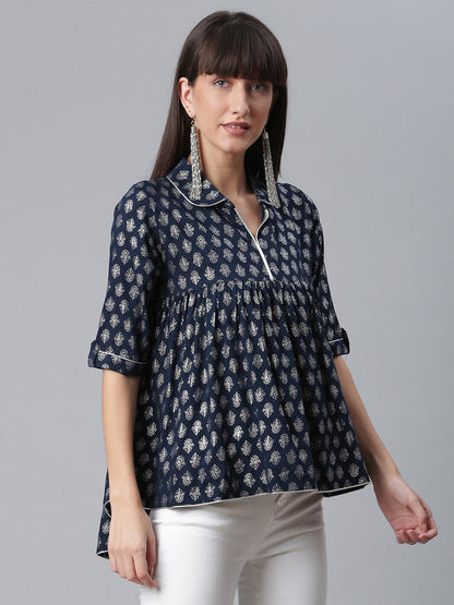 Women's Navy Blue Rayon Silver Foil Printed Tuni