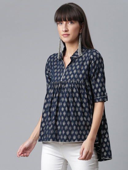 Women's Navy Blue Rayon Silver Foil Printed Tuni