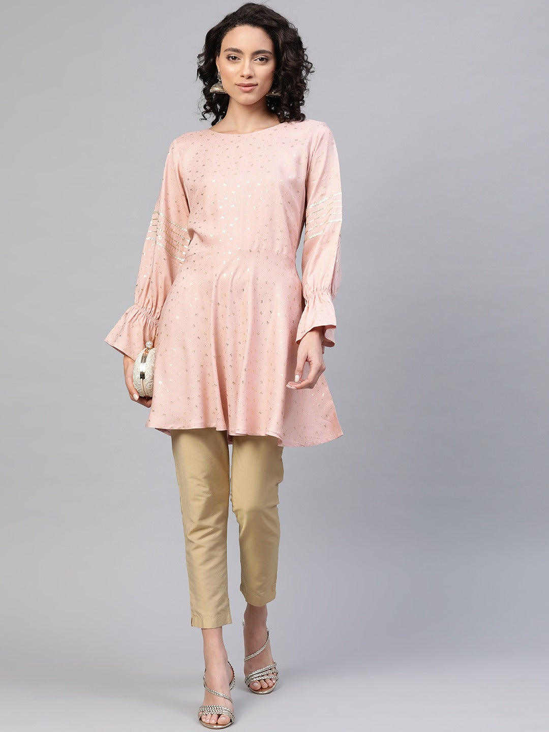 Women's Pink Rayon Golden Ethnic Print Tuni