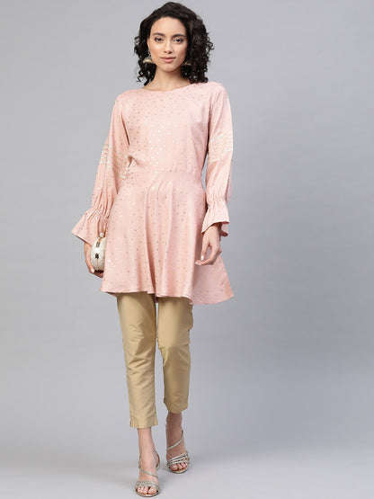 Women's Pink Rayon Golden Ethnic Print Tuni