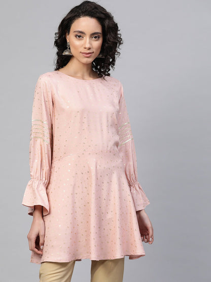 Women's Pink Rayon Golden Ethnic Print Tuni