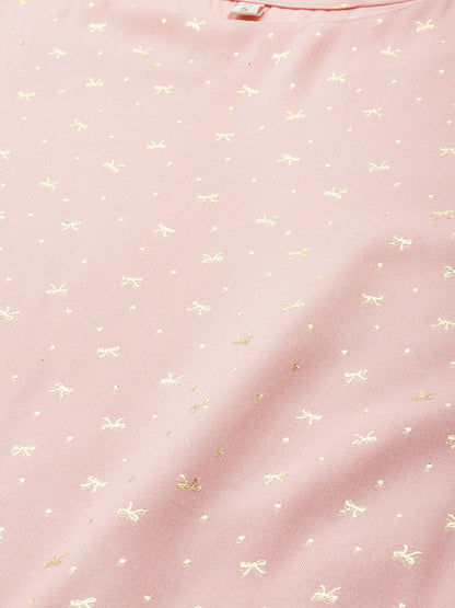 Women's Pink Rayon Golden Ethnic Print Tuni