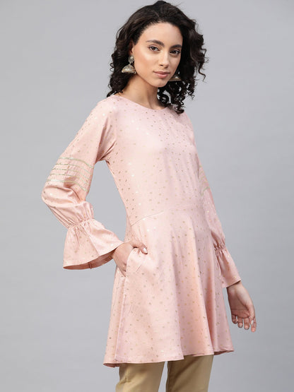 Women's Pink Rayon Golden Ethnic Print Tuni