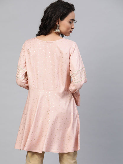Women's Pink Rayon Golden Ethnic Print Tuni