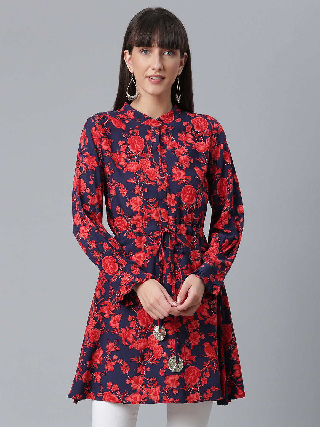 Women's Viscose Rayon Navy Blue Floral Wax Printed Western Tunic