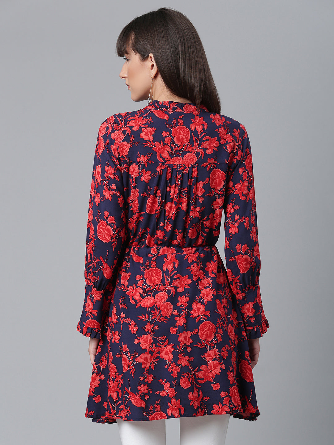 Women's Viscose Rayon Navy Blue Floral Wax Printed Western Tunic