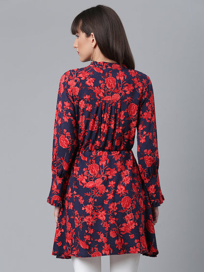 Women's Viscose Rayon Navy Blue Floral Wax Printed Western Tunic