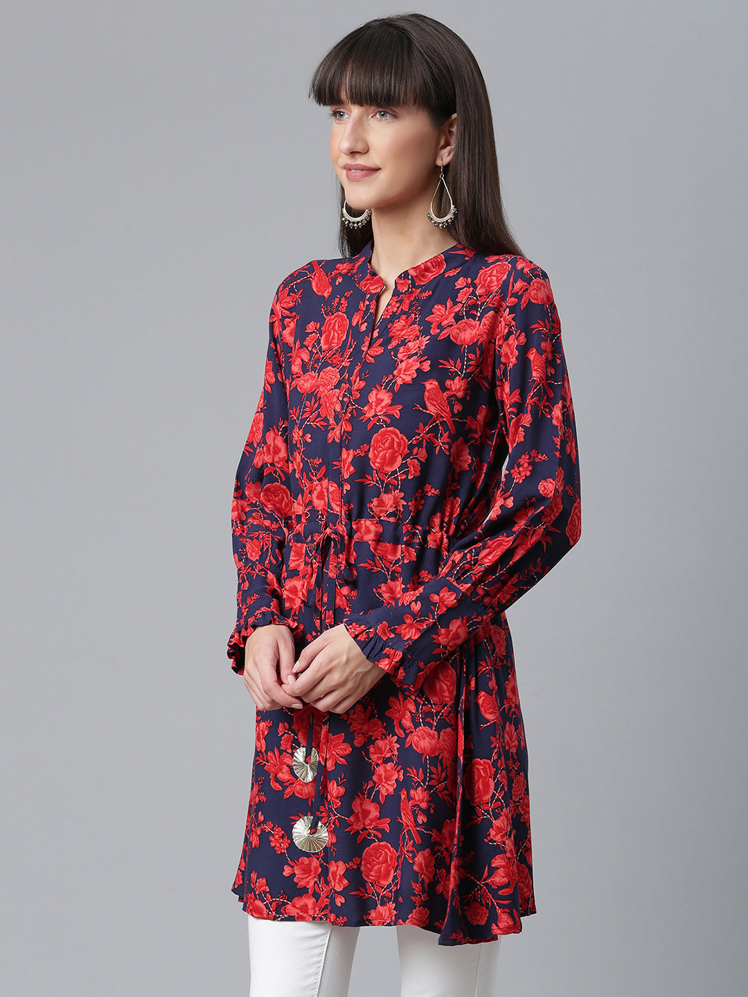 Women's Viscose Rayon Navy Blue Floral Wax Printed Western Tunic