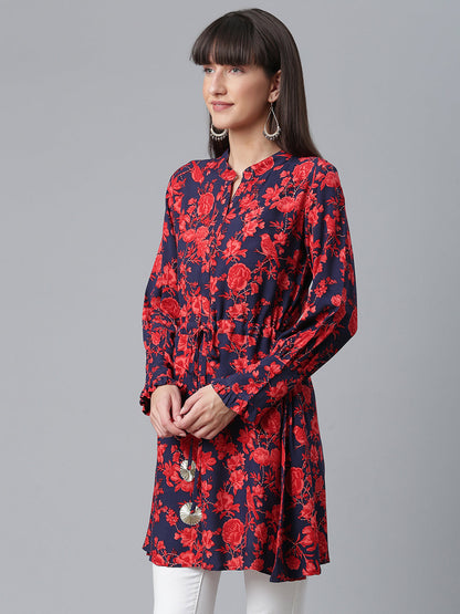 Women's Viscose Rayon Navy Blue Floral Wax Printed Western Tunic