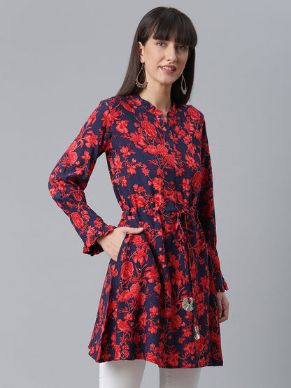 Women's Viscose Rayon Navy Blue Floral Wax Printed Western Tunic