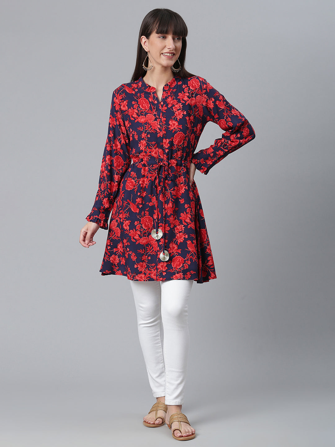 Women's Viscose Rayon Navy Blue Floral Wax Printed Western Tunic