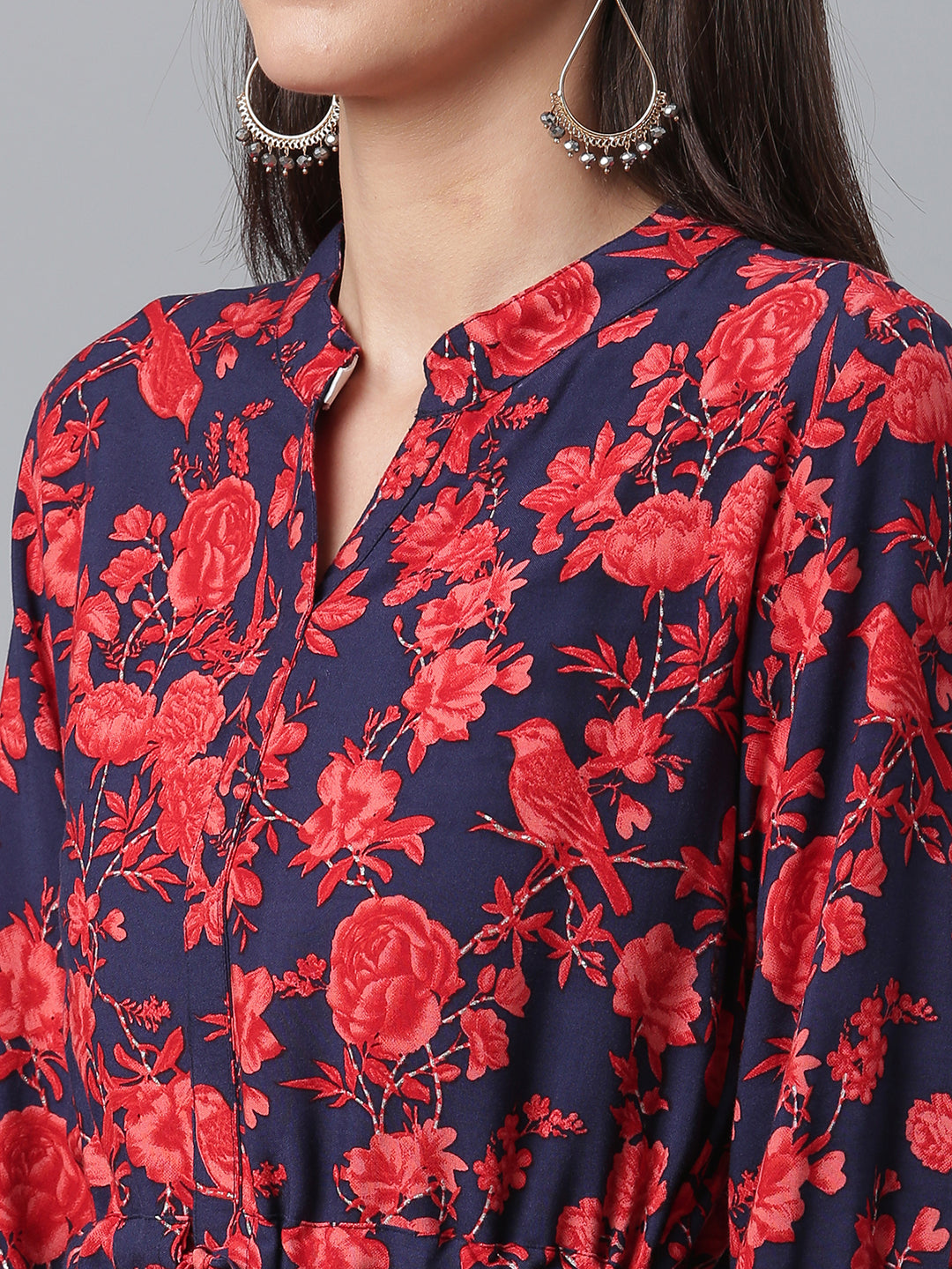 Women's Viscose Rayon Navy Blue Floral Wax Printed Western Tunic